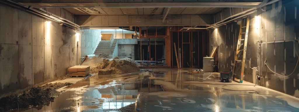 a well-lit basement showcases a professional waterproofing service in action, featuring exposed concrete walls as contractors apply waterproof membranes, seal cracks with hydraulic cement, and install a french drain, creating a clean and efficient work environment.