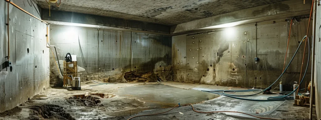 a well-lit residential basement showcases the waterproofing process, featuring exposed concrete walls, a contractor applying hydraulic cement to cracks, and a french drain installation, all within a clean, professional workspace.