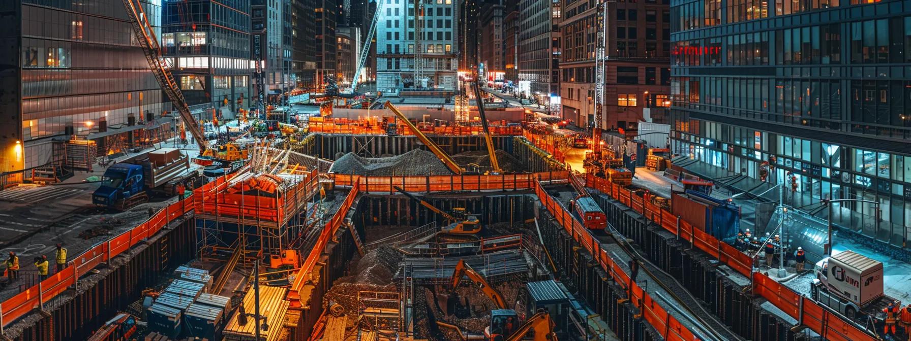 a bustling urban construction site in nyc, showcasing skilled workers assessing and repairing a foundation under a large building, illuminated by warm artificial lighting highlighting the structural challenges inherent to the city's architecture.