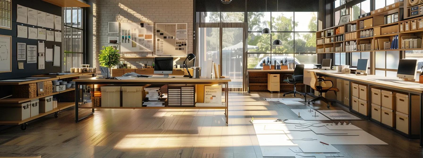 a meticulously organized office space showcases a sleek, modern desk with advanced waterproofing samples and blueprints, radiating professionalism and the promise of a secure, dry future for property owners.