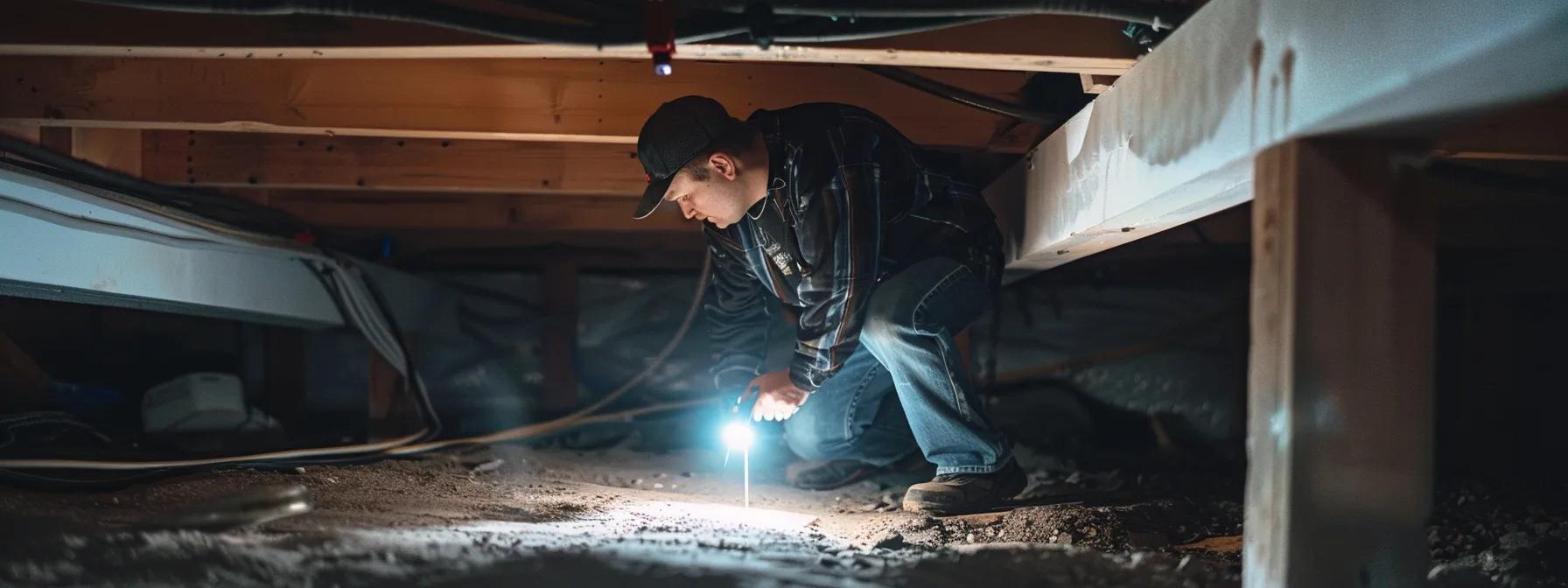 a professional contractor inspects a well-lit, modern crawl space beneath a staten island home, showcasing state-of-the-art repair tools and materials, emphasizing the importance of moisture control and structural integrity.
