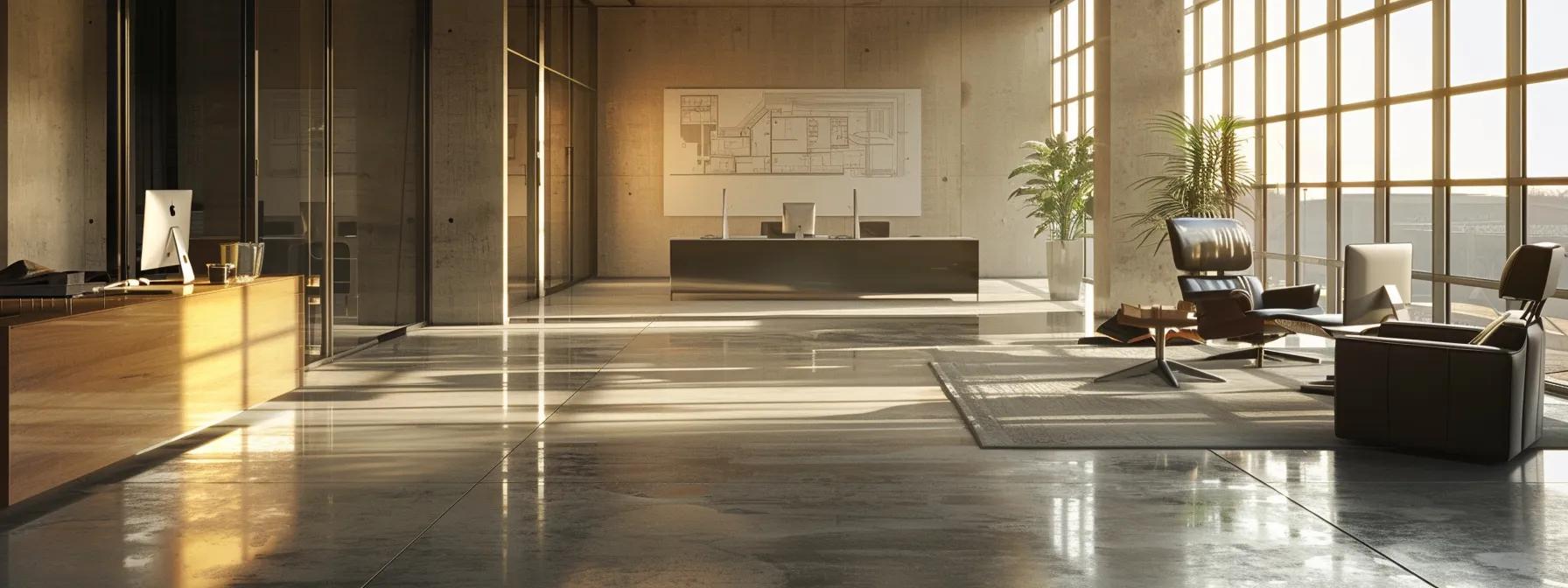 a sleek, modern office interior showcases a confident team of waterproofing professionals engaged in a discussion, surrounded by advanced repair materials and blueprints, emphasizing their expertise in structural integrity and customer commitment.
