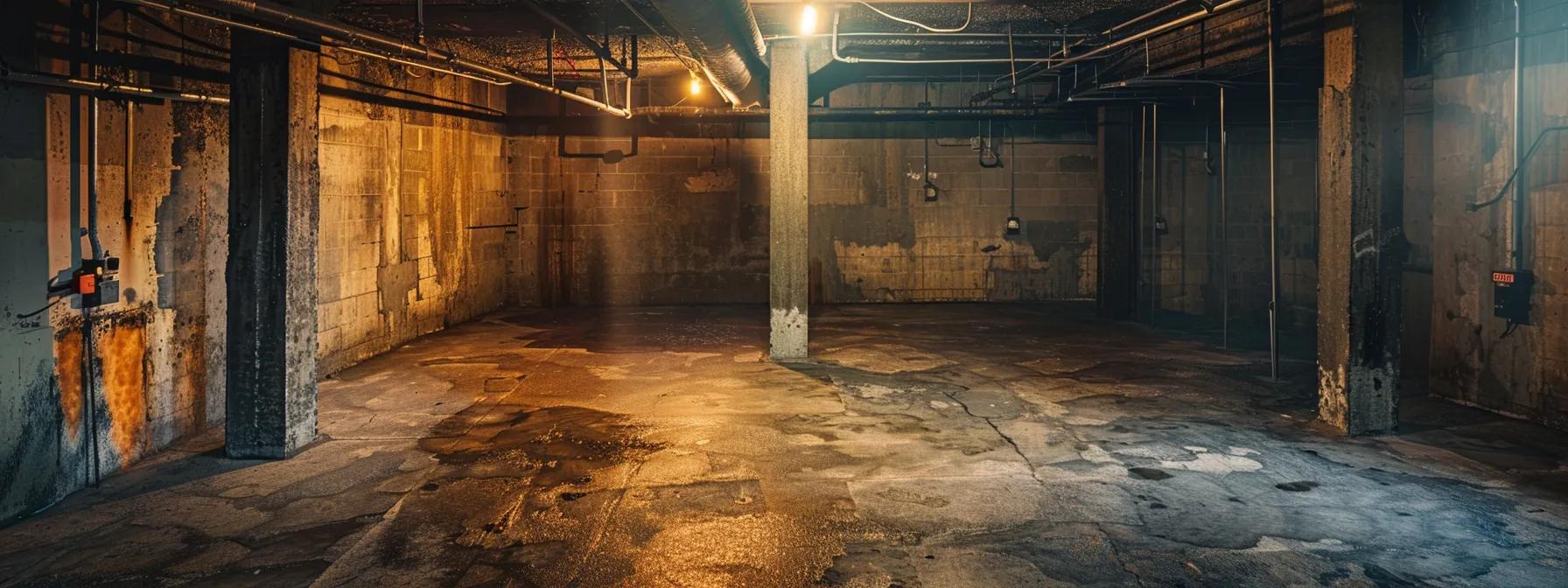 a sleek nyc basement fitted with advanced waterproofing systems is illuminated by bright overhead lights, showcasing the sophisticated infrastructure designed to prevent water intrusion and protect properties in an urban environment.