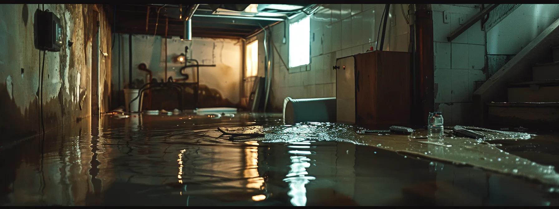 a dimly lit basement flooded with water, showcasing visible signs of water damage on the walls and floor, emphasizing the need for effective waterproofing solutions in peoria homes.