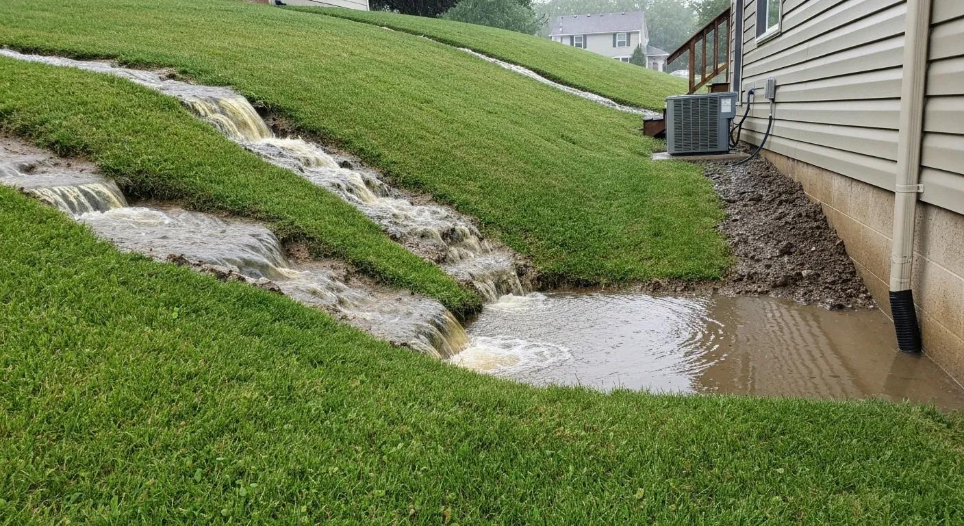Peoria's climate impact on basement water issues, showing heavy runoff and saturated soil near a foundation