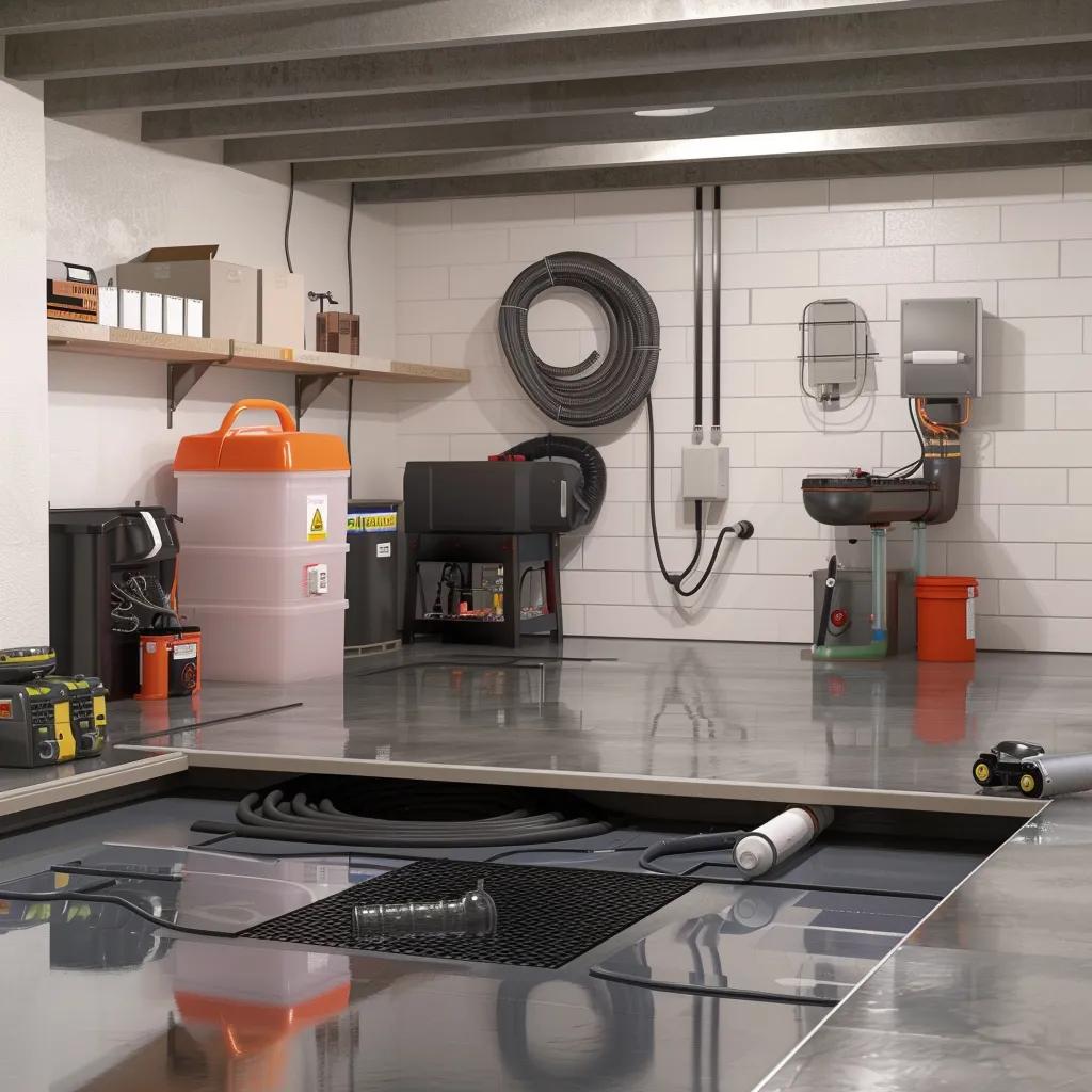 Modern basement waterproofing setup with sump pump and drainage systems
