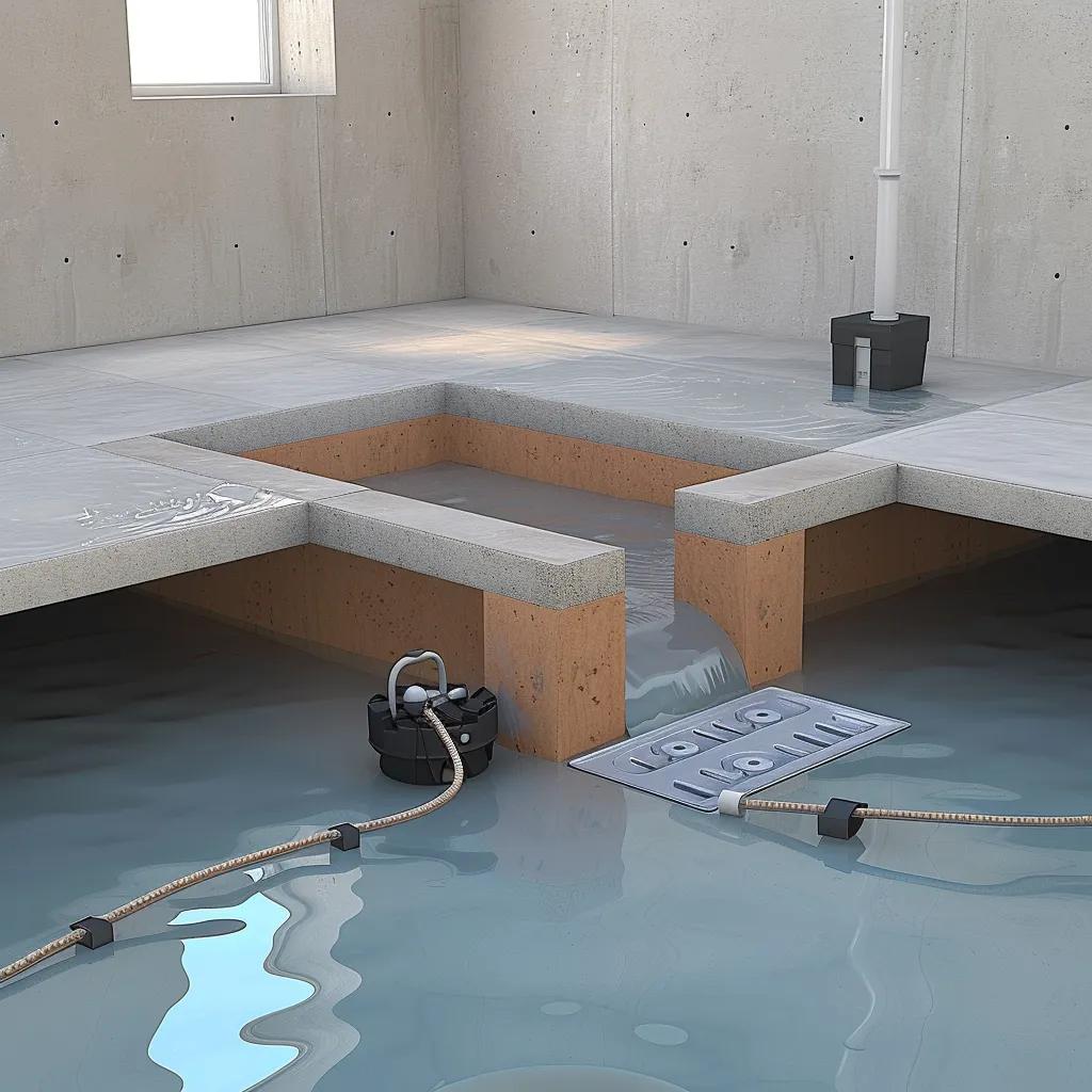 Interior basement waterproofing process with drainage panels and sump pump