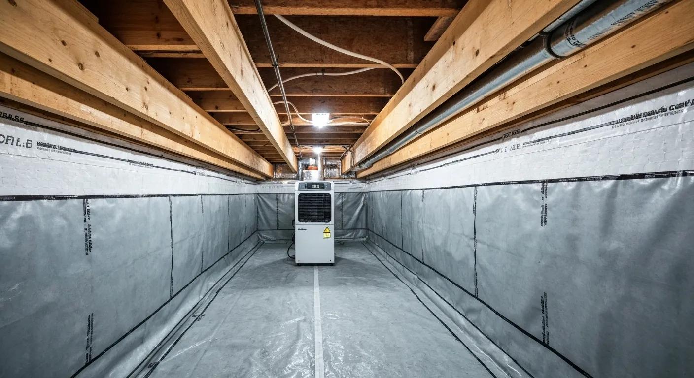 Encapsulated crawl space with vapor barrier and dehumidifier for moisture control