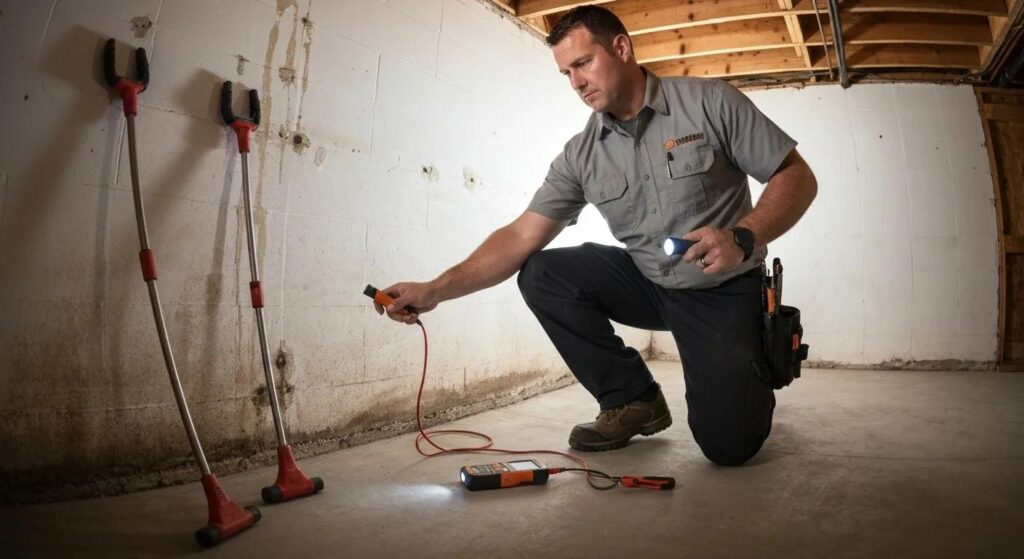 Peoria basement waterproofing expert examining moisture issues with tools