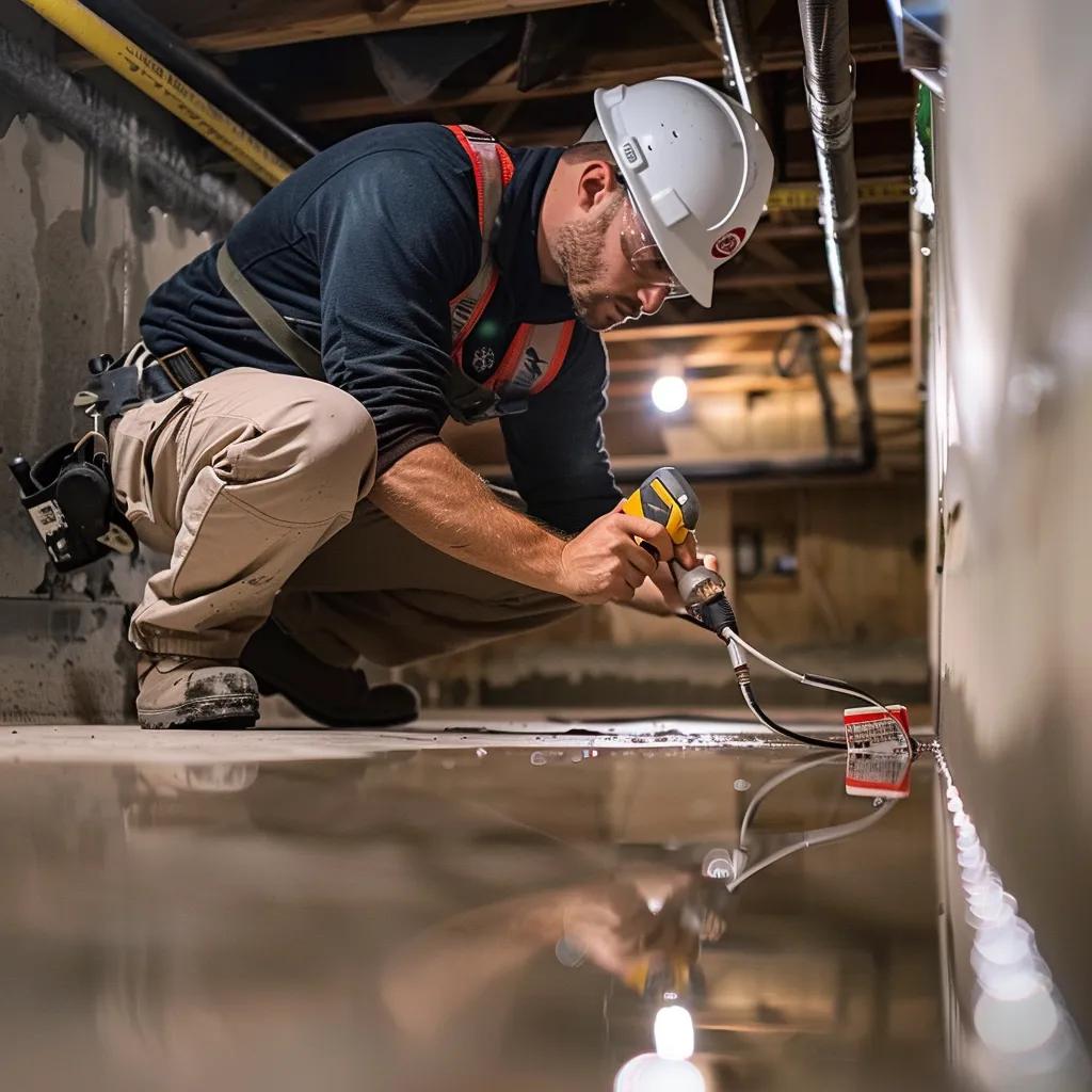 Professional basement waterproofing contractor inspecting moisture damage in a basement